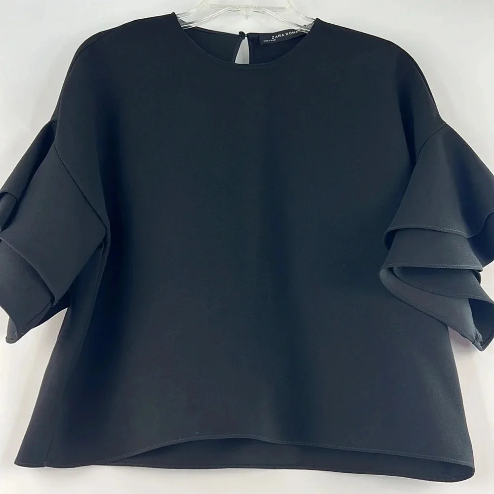 ZARA Woman Elbow Length Ruffle Tiered Flounce Top Size XS NWT Black Oversized - Picture 3 of 15
